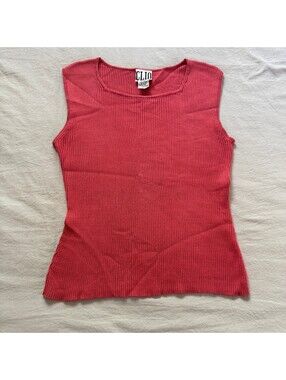 Vintage Clio Silk Blend Ribbed Tank Top - Coral Pink 90s Minimalist Knit - L